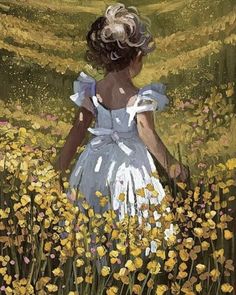 a painting of a girl in a field of flowers