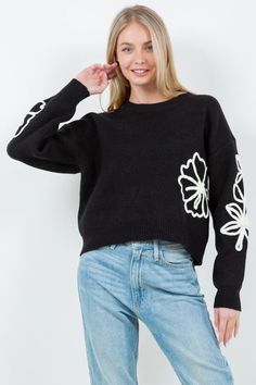 Night Bloom Sweater-Sweaters-Vixen Collection Black Crew Neck Sweater For Spring, Spring Black Knit Sweater, Winter Black Sweater With Floral Print, Black Floral Print Sweater For Winter, Black Long Sleeve Sweater With Floral Print, Moroccan Oil Hair, M And M, Long Sleeve Outerwear, Print Sweater