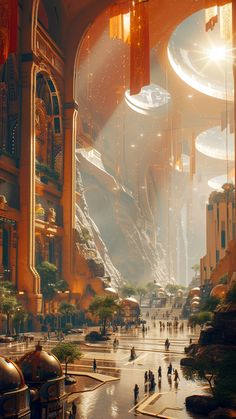 a futuristic city with lots of people walking around