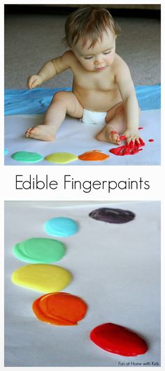 two pictures of babies playing with edible fingerpaints on the floor and in front of them