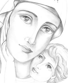 a pencil drawing of a woman holding a child's head with the words jesus on it