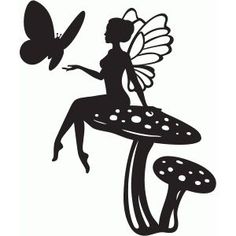 a black and white silhouette of a fairy sitting on a mushroom with a butterfly flying over it