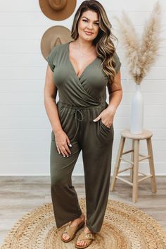 Green Drawstring Straight Leg Wrap V Neck Plus Size Jumpsuit Khaki Jumpsuits And Rompers For Summer Loungewear, Olive Jumpsuit, Deep V Neck Dress, Sleepwear Dress, Stylish Women Fashion, Green Jumpsuit, Cropped Jumpsuit, Clothing Plus Size, Boutique Style