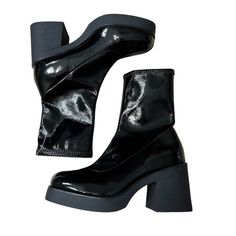 Call It Spring Women's Size 9.5 Mid Calf Go-Go Boots Chunky Lug Sole Solid Black Patent Leather B.E.D. Foam Insole Pull On Round Toe Heels Are 3" High Platform 1" High Platform Boots Nwob: Brand New Without Box, Tags Still Attached, In Mint Condition, Must See Pictures To Appreciate!! Thank You For Browsing!! High Platform Boots, Go Go Boots, Boots Chunky, Gogo Boots, Spring Women, Round Toe Heels, Spring Shoes, Lug Sole, Platform Boots