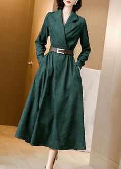 Beautiful Green Notched Collar Sashes Slim Fit Corduroy Maxi Dresses Spring AC2013 Long Fall Dresses, Tulle Long Dress, French Green, Spring Maxi Dress, Collar Cardigan, Corduroy Dress, Comfortable Room, Summer Dress Outfits, Maxi Knit Dress