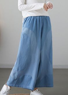 Women Light Blue Pockets Elastic Waist Denim Wide Leg Pants FallFabric: Denim FabricSize & Fit: This garment fits true to size.Length: Size L measures 33.54"from waist to hem.Waist:Fitted - elastic waist allows stretch Hip: Loosely Fitted. room for hips. Hand Wash Cold.