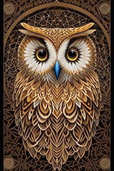 an owl with yellow eyes sitting on top of a wooden paneled wall, surrounded by intricate