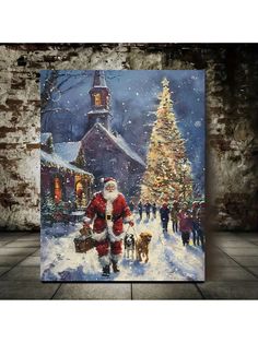 a painting of santa claus walking his dogs through the snow with a christmas tree in the background