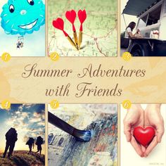 there are many pictures with the words summer adventures with friends on them, including an umbrella