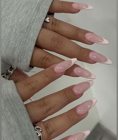 Leah Love Island Nails, Classy Pink Almond Nails, Almond Shape Birthday Nails, Almond Nails Pink French Tip, Nail Inspo Long Almond, Almond Nails Inspo Aesthetic, Nail Almond Design, Pink Almond French Tip, Pink Almond Nails French Tip