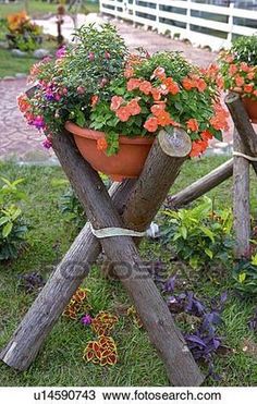 two potted plants sitting on top of wooden poles in the grass with flowers growing out of them