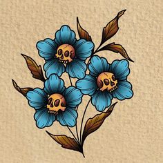 a drawing of three blue flowers with skulls on them