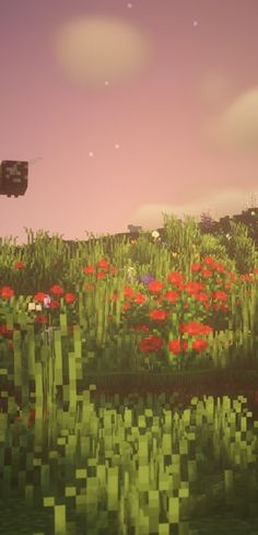 a field full of red flowers under a purple sky