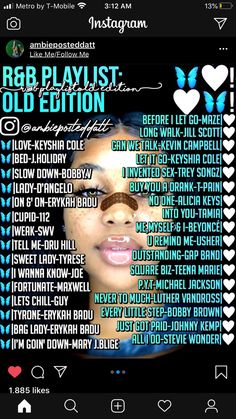 an image of a woman's face with the words, r b playlist old edition