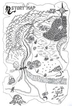 a map that is drawn in black and white with the words story map on it