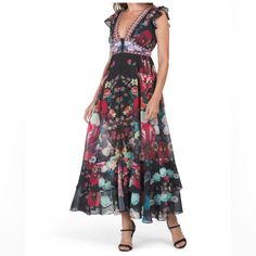 Nwt Dalia Macphee Floral Maxi Dress Ruffle Sleeve Detail Xl Black Bohemian Maxi Dress For Garden Party, Bohemian Floral Print Maxi Dress For Cocktail, Black Ruffled Maxi Dress For Garden Party, Black Maxi Dress With Ruffles For Garden Party, Chic Floral Print Maxi Dress With Flutter Sleeves, Multicolor Flutter Sleeve Maxi Dress With Floral Print, Multicolor Floral Print Maxi Dress With Flutter Sleeves, Chic Floral Maxi Dress With Flutter Sleeves, Chic Maxi Dress With Flutter Sleeves And Floral Print