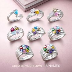 All your loved ones in one heart💗. Sterling Silver Promise Rings, Amethyst And Diamond Ring, Family Jewellery, Mom Jewelry, Sparkling Crystal, Birthstone Ring, Up Girl, Ring Gift, Cute Jewelry