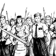 a black and white drawing of people standing in front of each other with swords on their shoulders