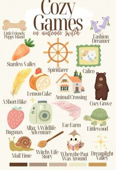 a poster with different things on it that say cozy games and what they mean to them