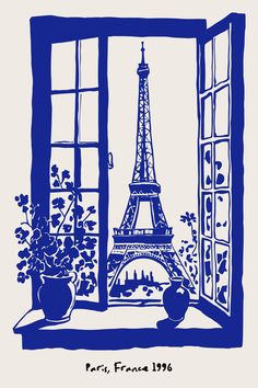 the eiffel tower is seen through an open window with potted plants in front of it