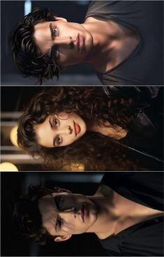 three different shots of a woman with curly hair