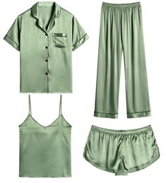 PRICES MAY VARY. 【Premium Material】--- This 4 piece pajama set is made of high-quality satin(95% Polyester, 5% Spandex), which is very soft, lightweight, and comfortable. This lightweight pajama set has a silky texture that will make you feel smooth and shiny, never pilling or fading, and help you sleep well, dreamlike. 【4Pcs Pajama Set】--- Women 4 pcs pjs sets include spaghetti strap cami top, a button-down short sleeve sleepshirt, a pair of shorts, a pair of long pants. This four-piece sets fo Bridal Sleepwear, Silk Pjs, Bridesmaid Pyjamas, Satin Sleepwear, Pajamas Sets, Silk Pajama Set, Button Down Short Sleeve, Cute Pajamas, Satin Pyjama Set