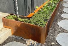 a wooden planter filled with lots of green plants