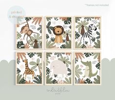 four jungle animals and giraffes are shown in this set of four wall art prints