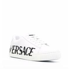 Brand New Never Worn White Kids Sneakers With Black Versace Logo. Low-top Logo Embellished Sneakers For Streetwear, White Custom Casual Sneakers With Logo Detail, White Custom Sneakers With Logo Detail, White Casual Custom Sneakers With Logo Detail, White Casual Custom Sneakers With Logo, Trendy High-top Sneakers With Logo Print, White Custom Sneakers With Logo Print, Casual White Custom Sneakers With Logo Print, Trendy White Sneakers With Embroidered Logo