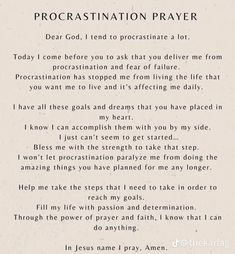 a poem written in white ink on top of a piece of paper with the words procrastination prayer