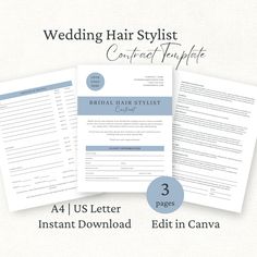 the wedding hair stylist contract template is shown in three different sizes and colors