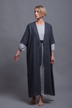 "🌿 ITEM DESCRIPTION Long and loose fitting linen coat dress URSA. Fabric: 100% pure linen in medium weight - washed and softened. Color: Big color choice - 31 colors from the color chart (please see the pics) All SHĀNTIMA linen items come in a beautiful wrap, which makes them not only a lovely purchase but also a cool gift. 🌿 SIZING Petit, Regular, Plus Size - all our clothes come in sizes XS-3XL The model (5'9'', 174cm) is wearing size S. Length to the hem (Size S): 51\" / 130 cm. If you need Spring Linen Long Sleeve Kaftan, Spring Daywear Abaya, Plus Size Medieval, Linen Kaftan, Long Outer, Pixie Skirt, Loose Jacket, Linen Coat, Lagenlook Style