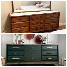 two different dressers side by side, one with drawers and the other has a mirror above it