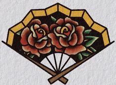 a drawing of three roses on top of an umbrella with two crossed wooden sticks in front of it