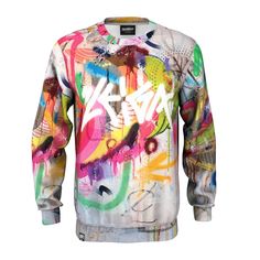 White Urban Sweatshirt With Graffiti Print, Multicolor Long Sleeve Tops With Graphic Design, Multicolor Paint Splatter Crew Neck T-shirt, Multicolor Crew Neck T-shirt With Paint Splatter, White Crew Neck With Graffiti Print Sublimation, Multicolor Long Sleeve Sweatshirt With Graffiti Print, Multicolor Crew Neck Sweatshirt For Streetwear, White Graphic Print Art For Streetwear, Trendy Multicolor Relaxed Fit Sweatshirt