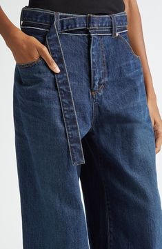 Medium Wash Straight Leg Jeans With Belt, Denim Blue Belted Straight Leg Jeans, Straight Leg Denim Blue Belted Jeans, Belted Straight Leg Denim Blue Jeans, High Rise Belted Denim Blue Jeans, Medium Wash Belted Straight Leg Bottoms, Belted Wide-leg Denim Jeans, Belted Wide Leg Denim Jeans, High Waist Belted Jeans In Denim Blue