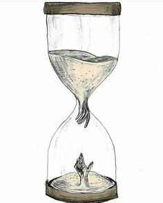 a drawing of an hourglass with a hand under it and water running down the side