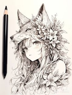 a drawing of a girl with flowers and a wolf's head in the background