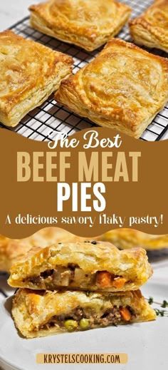 the best beef meat pies on a cooling rack with text overlay that reads, the best beef meat pies