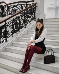 Carel paris mary jane with burgundy pantyhose Outfit For Ballet Show Winter, Burgundy Pantyhose Outfit, Red Nylons Outfit, Red Winter Outfits Classy, Cherry Tights Outfit, Flower Tights Outfit, Woman Classy Outfits, Red Square Neck Top Outfit, Maroon Flats Outfit