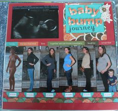 a scrapbook with pictures of women and baby bumps on the pages, including an image of a pregnant woman's stomach