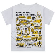 Appalachian State Mountaineers Hand Sketched Vive La Fete Impressions Artwork Boys Black Short Sleeve Tee Shirt - Vive La Fête - Online Apparel Store Yellow School Spirit Graphic Print Top, Yellow Graphic Print Top For School Spirit, School Graphic Tee Shirt With Graphic Print, Graphic Tee Shirt For School With Graphic Print, Graphic Print Tee For School, School Spirit Graphic Print Shirt For Streetwear, App State, Appalachian State, Hand Sketch