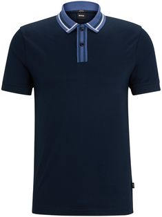 midnight blue/cornflower blue/white cotton jersey texture stripe trim logo patch to the side polo collar short front button fastening short sleeves straight hem Blue Polo T-shirt With Striped Collar, Navy Casual Polo Shirt With Striped Collar, Casual Short Sleeve Polo Shirt With Striped Cuffs, Navy Short Sleeve Tops With Ribbed Collar, Navy Short Sleeve Top With Ribbed Collar, Navy Short Sleeve Polo Shirt With Ribbed Collar, Cotton Polo Shirt With Striped Cuffs, Classic Short Sleeve Polo Shirt With Striped Cuffs, Blue Polo Shirt With Striped Collar