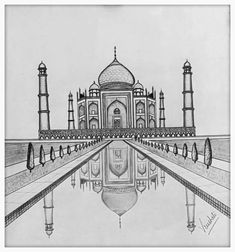 a drawing of the tajwa mosque in india, with its reflection in the water