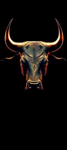 a bull's head with long horns on a black background