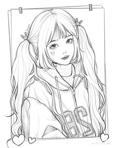 a drawing of a girl with long hair and ponytails, wearing a hoodie