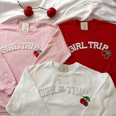 These Girls Trip Crewneck Sweatshirts makes great gift for your girl friends/ girl best friends! These are the perfect matching sweatshirts to have with your girls when you travel! - These letters are iron-on patched and is heat pressed, not embroidered. Rest assured the won't come off! - You have to purchase the sweatshirts individually. - All our sweatshirts run a Unisex fit. They are naturally oversized, but if you like a more baggy look, we recommend sizing up. - Material is super soft and c Cute White Sweatshirt For School, Cute White School Sweatshirt, Pink Cotton Sweatshirt, Cute Pink Sweatshirt For School, Cute Pink Sweatshirt With Text Print, Pink Cotton Sweatshirt With School Spirit, Pink Cotton Sweatshirt For School Spirit, Cute Long Sleeve College T-shirt, Casual School T-shirt With Embroidered Graphics