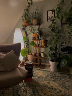 a living room filled with lots of plants next to a couch and chair in front of a window