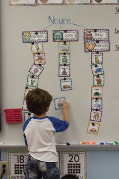 a young boy writing on a whiteboard with numbers and letters in front of him