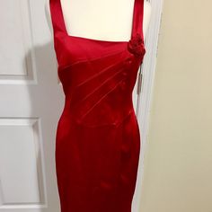 Great For A Wedding Or Evening Affair. Shoulder 12”, Length 39”. 68% Acetate, 28% Nylon, 3% Polyurethane. Fitted Satin Evening Dress For Formal Occasions, Formal Satin Dress With Ruched Bodice For Spring, Formal Fitted Satin Evening Dress, Lined Satin Knee-length Dresses, Knee-length Lined Satin Dress, Fitted Satin Dress With Pleated Bodice For Formal Occasions, Red Satin Dress For Prom Season, Red Satin Dress For Prom, Fitted Silk Evening Dress For Formal Occasions